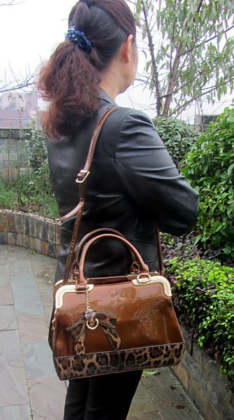 Elegant And Sexy Leopard Print Handbag Patent Leather Bow High Quality