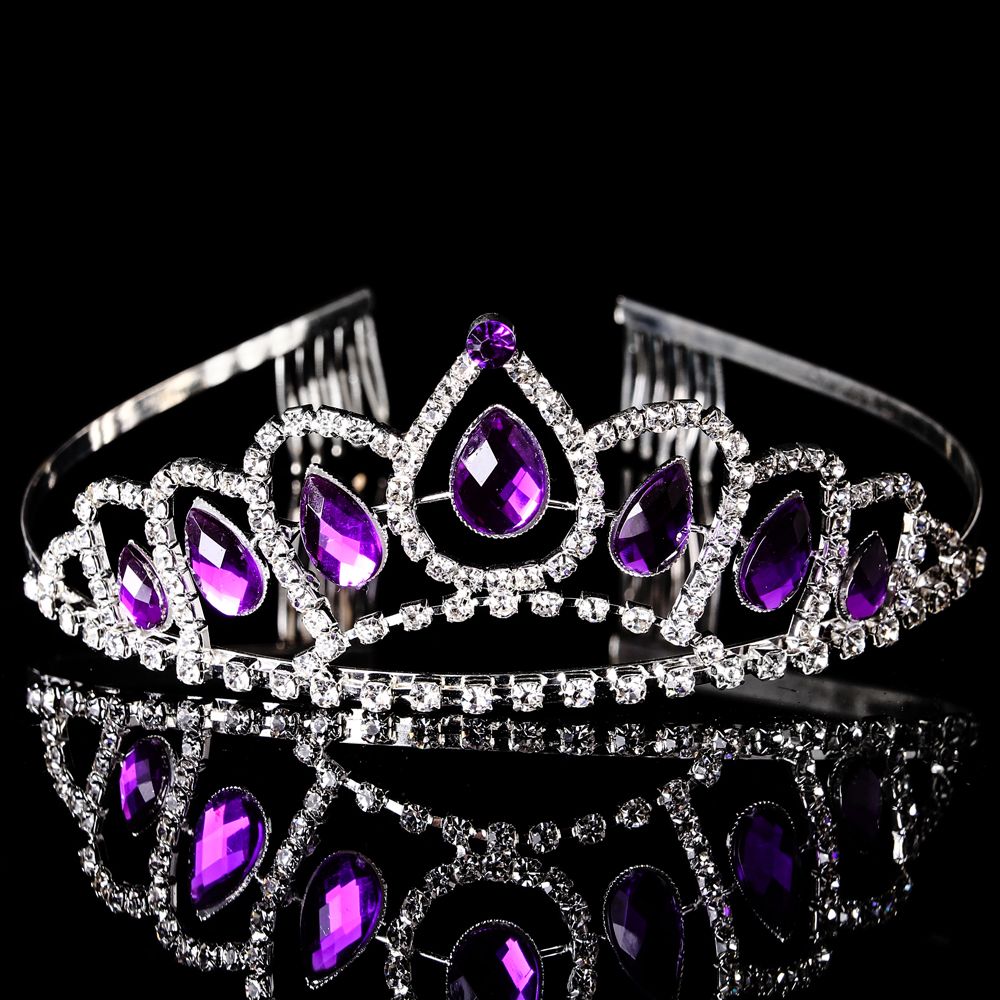 2020 Silver Plated Purple Rhinestone Crown Tiara Headband Alloy Elegant