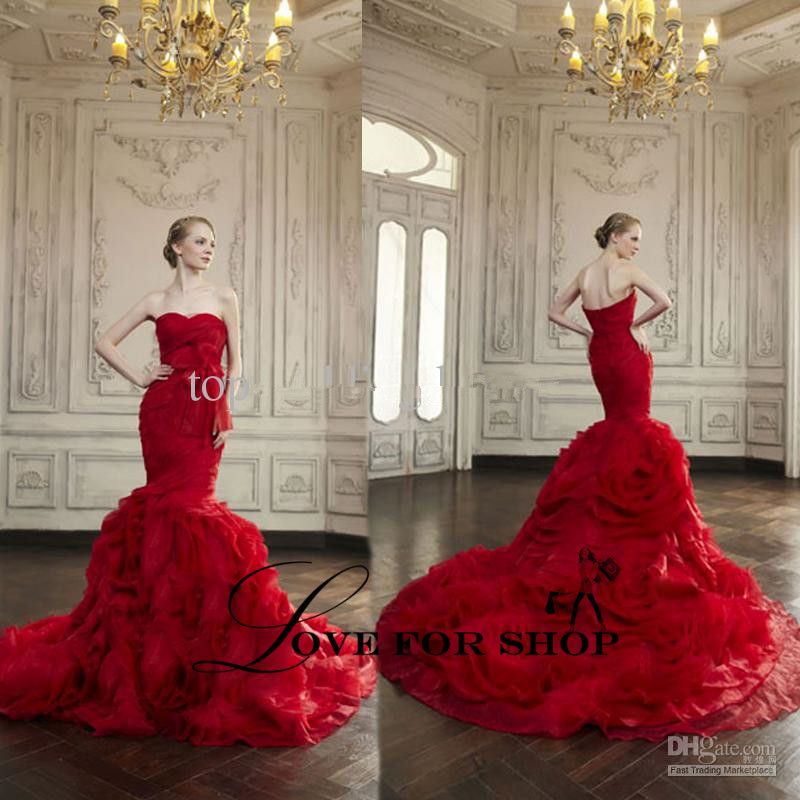 Red Wedding Dresses Sweetheart Neckline Tulle Ruffle Bow Sashes ... Red Wedding Dresses Sweetheart Neckline Tulle Ruffle Bow Sashes ...