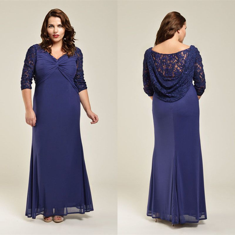 2015 Sexy Mermaid Plus Size Long Evening Gowns 3/4 Long Sleeve V Neck ...