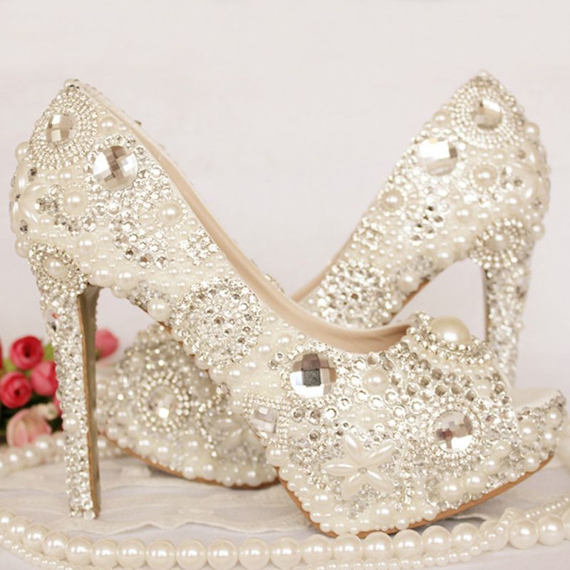 Peep Toe Rhinestone Wedding Shoes Crystal Ivory Pearl Bride Shoes ...