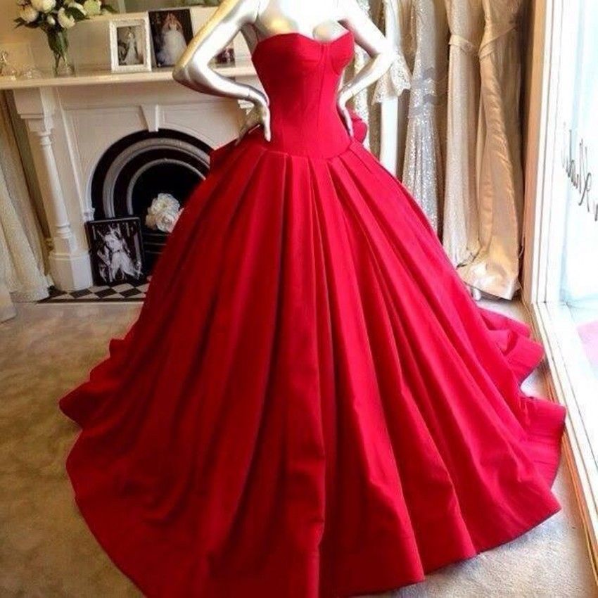 Elegant Red Satin Ball Gown Prom Dresses Lace Up Back Court Train ...