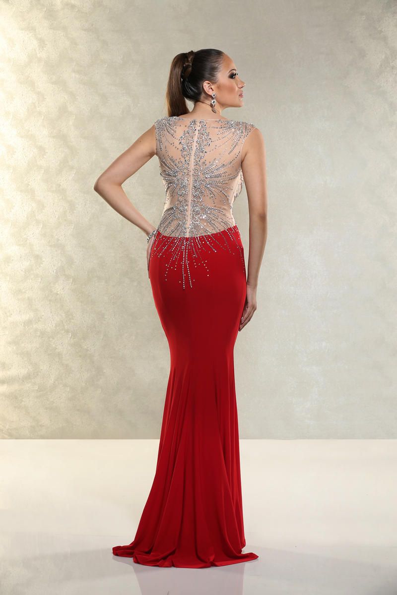 Bling Red Mermaid Prom Dresses 2015 Sheer Neck Zipper Back Long Beaded ...