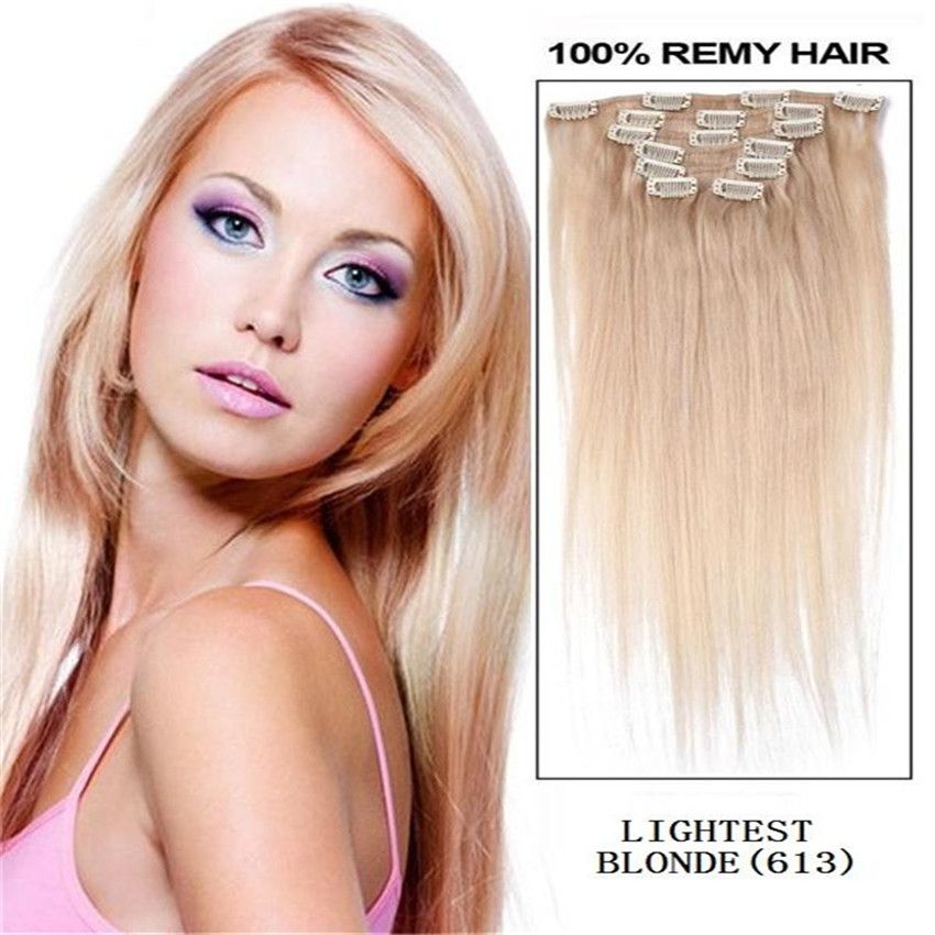 1618 20 22' 26 Remy Human Hair CLIP IN HAIR EXTENSIONS 613 Lightest