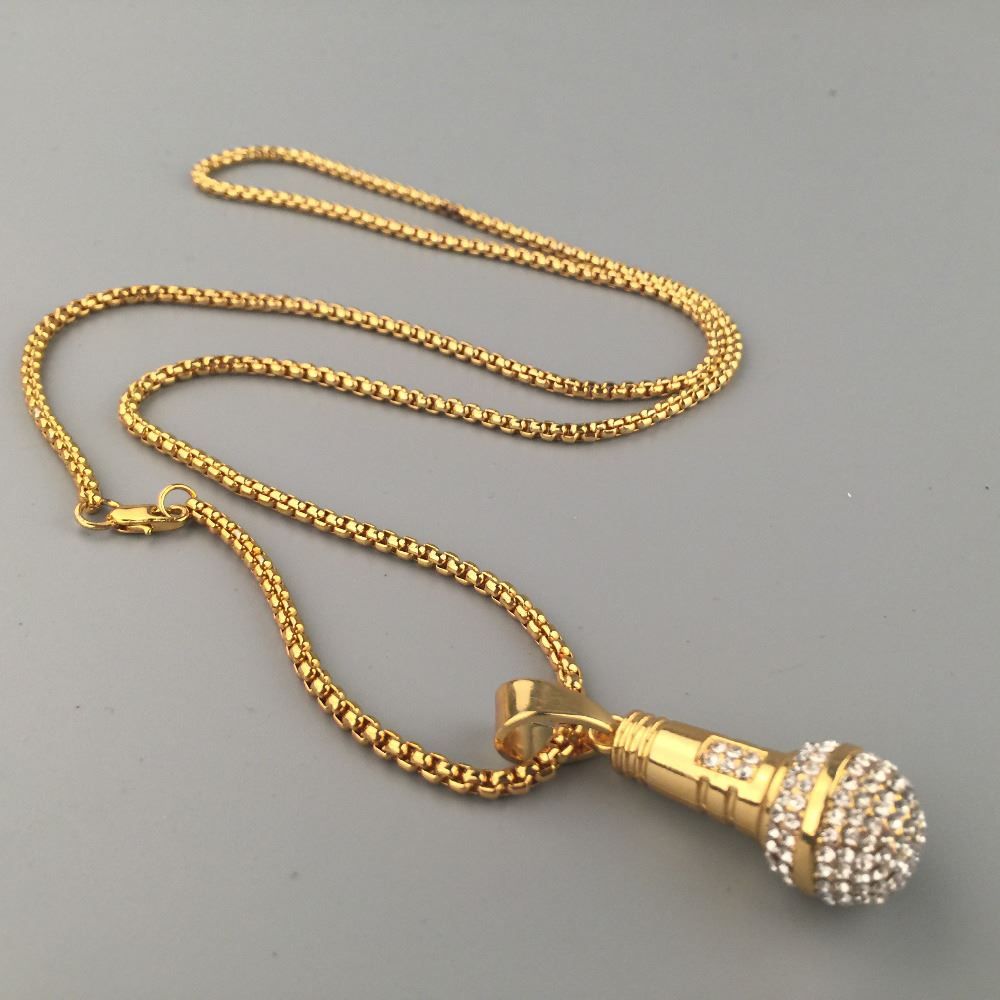 Wholesale 24K Bling Rhinestones Microphone Pendant Necklace DJ Rap Necklace Jewelry Hiphop Punk
