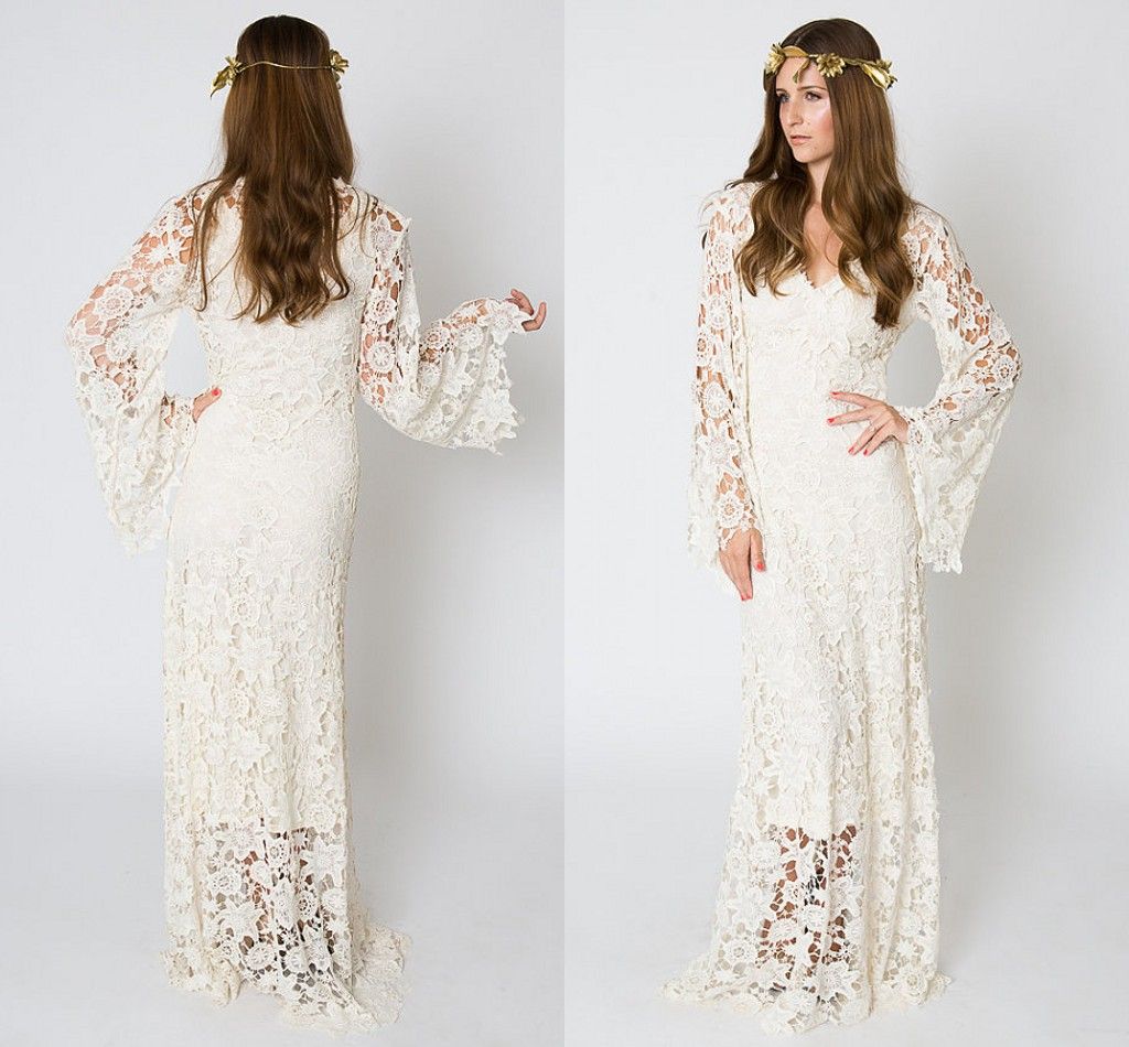 Discount Vintage Inspired Bohemian Wedding Gown Bell Sleeve Lace