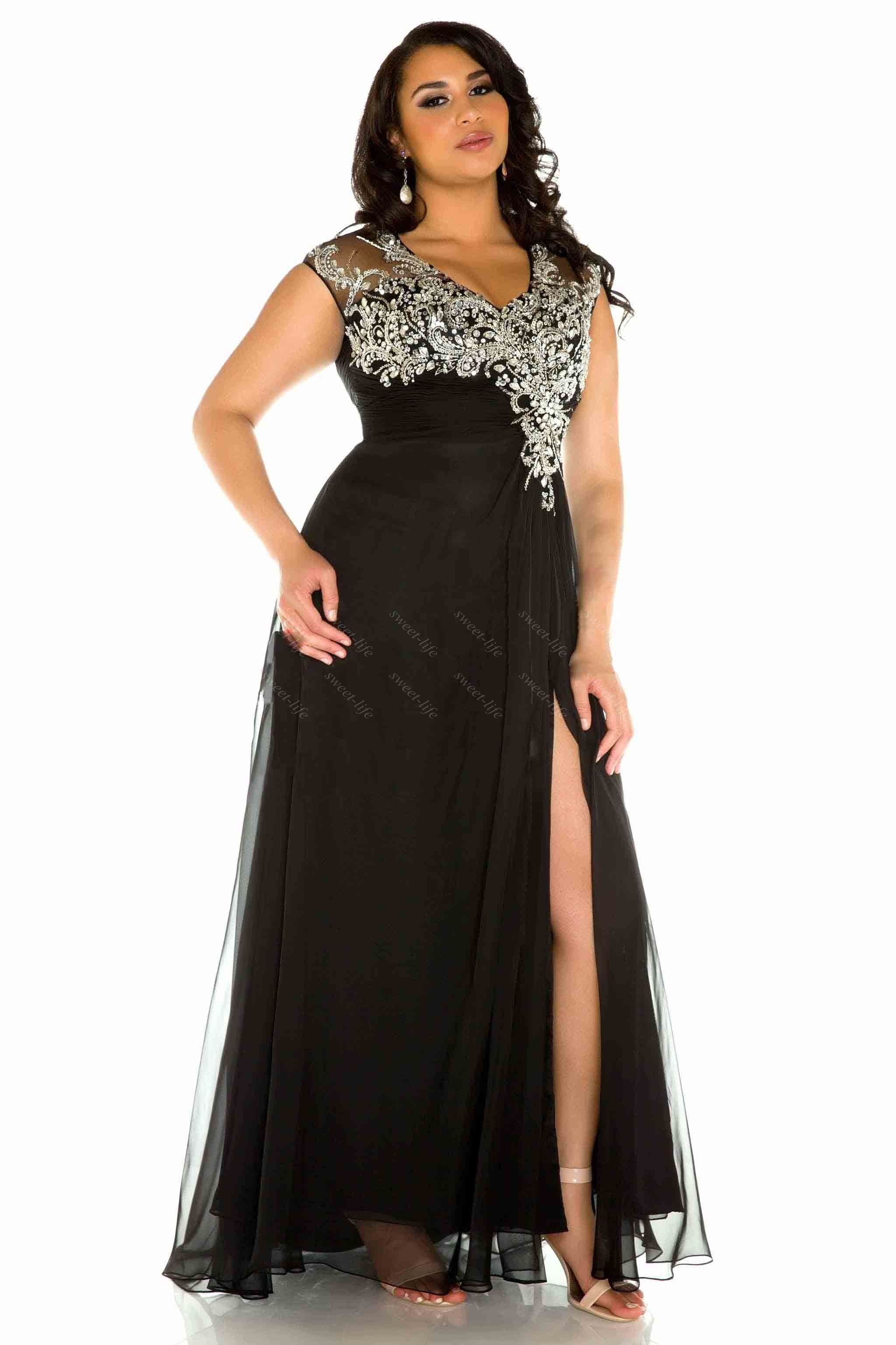 2015 Sexy Plus Size Evening Gowns Black V Neck Tulle Beading High Split ...