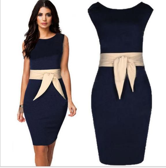 2018 Plus Size Formal Dresses Navy Dress With Champagne Belt Sleeveless Women Work Dress Knee ...