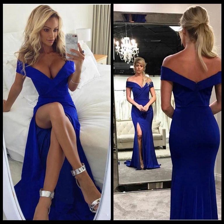 2018 Royal Blue Off The Shoulder Prom Dresses Side Split Sexy Mermaid ...