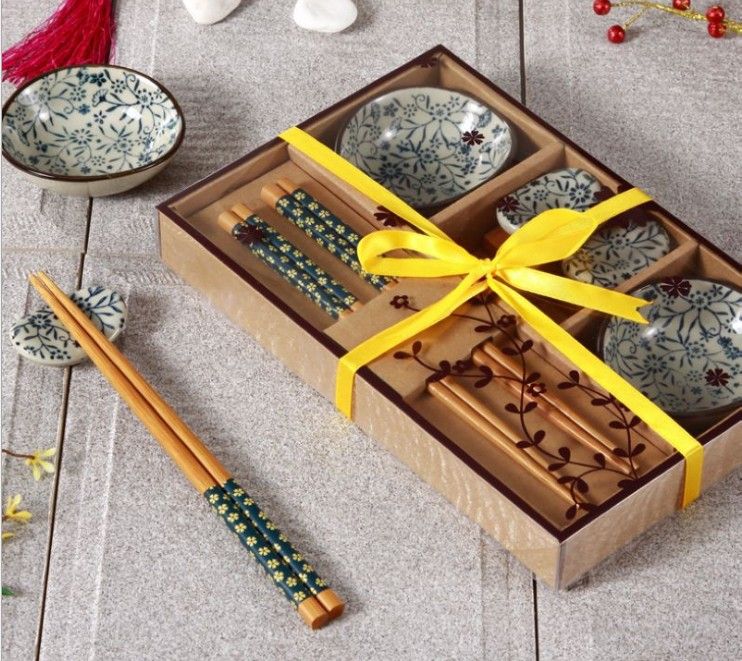 Antique Ceramic Japanese Sushi Dish Set for 2 with Chopstick Rests in