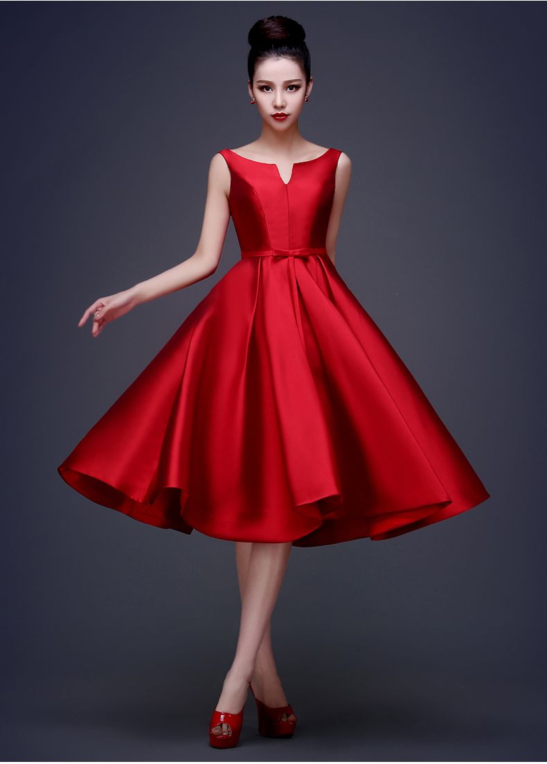 Sexy Sleeveless High Quality Satin Prom Dress Mid Calf Length A Line