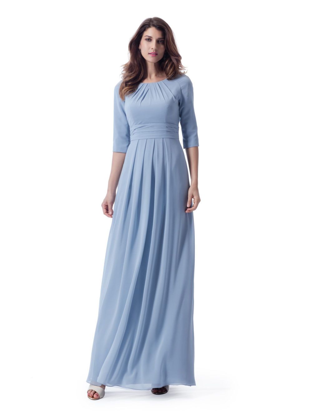 Пасточные синие длинные скромные платья подружки невесты с 34 рукавами Рушана шифоновая лодыжка длина Официальные свадебные платья LDS Diads