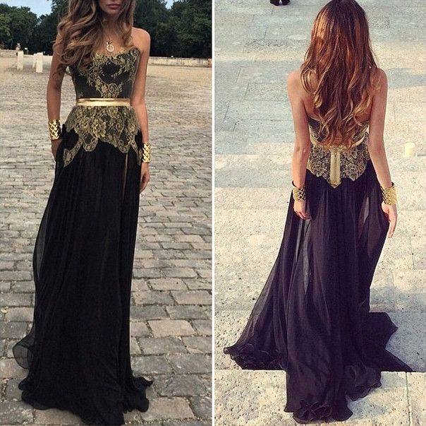 Saudi Arabian 2015 Wholesale Hot A Line Prom Dress Black Chiffon Saudi Arabian 2015 Wholesale Hot A Line Prom Dress Black Chiffon Sweetheart Gold Lace Bodice Floor Length Formal Dress Evening Gowns Trendy Prom Dresses ... - Saudi Arabian 2015 Wholesale Hot A Line Prom Dress Black Chiffon