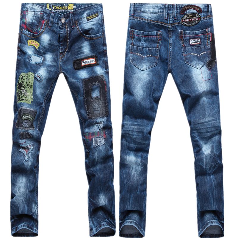2017 2016 Patchwork Jeans For Men Stylish Printed Hole Skinny Denim ...