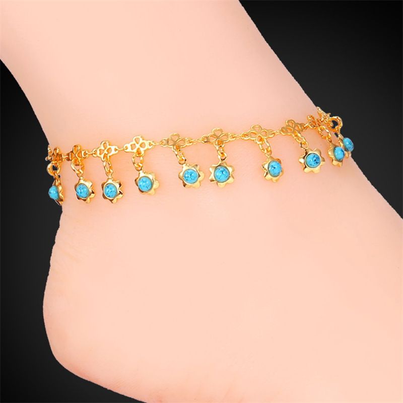 Women Blue Turquoise Stone Charms Ankle Chains 18K Gold/Platinum Plated Sandal Jewelry Summer