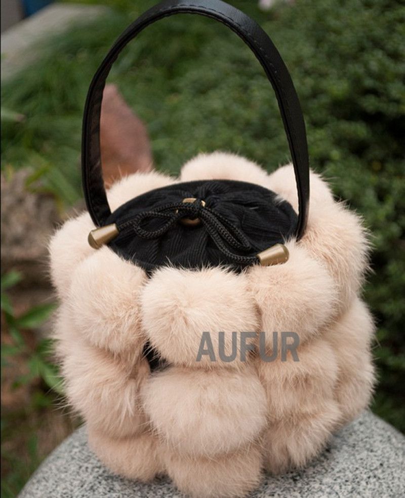 Nice Real Rabbit Fur Bag For Girls String Bucket Style Solid Colour