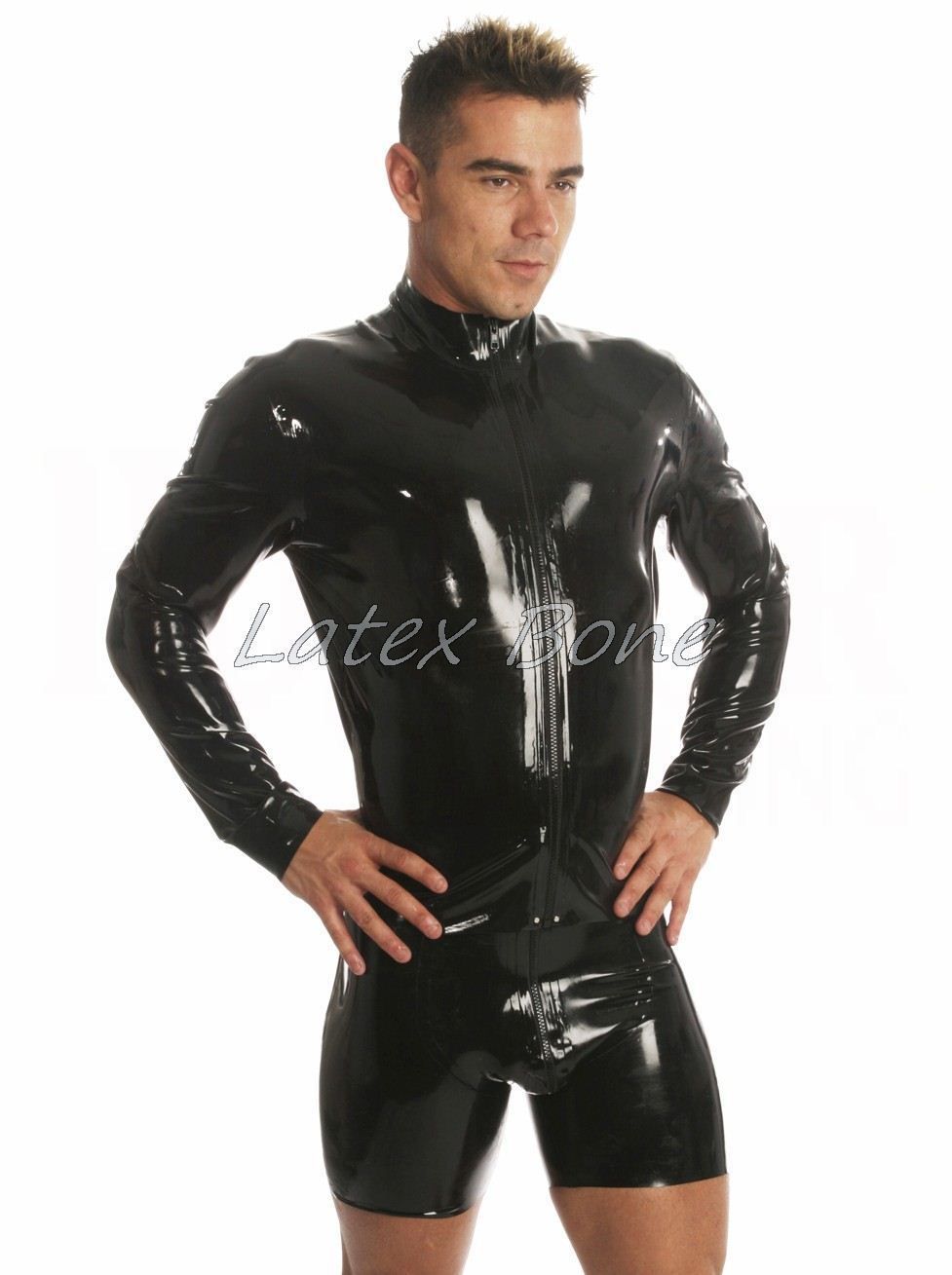 Wholesale-men's Black Short Latex Catsuit Rubber Latex Zentai Catsuit ...