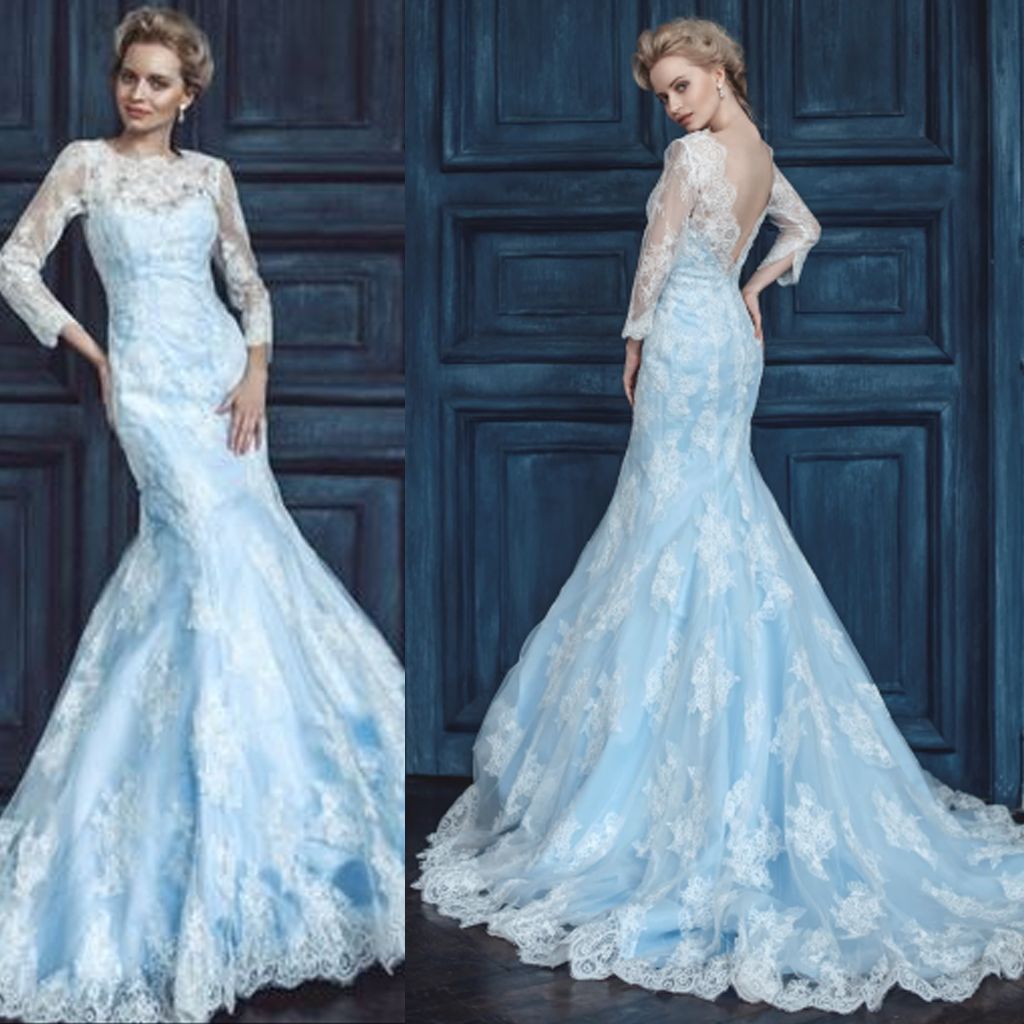 blue and white mermaid wedding dresses