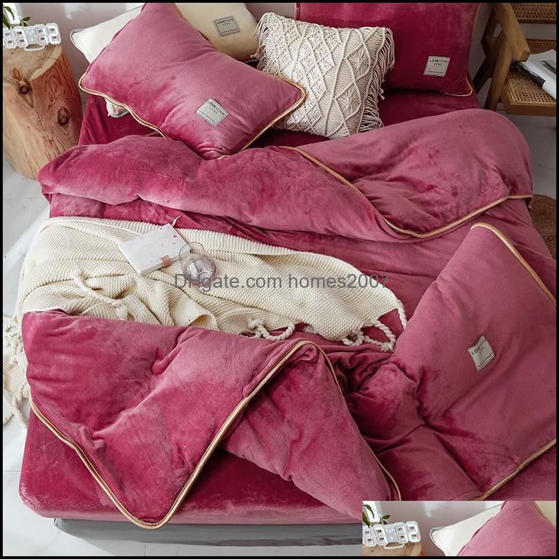 Bedding Sets Pink Gray Purple Blue Solid Color Winter Thick Fleece Fabric Set Velvet Flannel Duvet Cover Bed Sheet/Linen Pillowcases