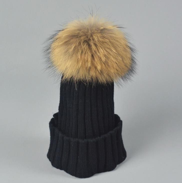 Designer Ladies Knitted Rib Beanies With Real Raccoon Dog Hair Ball Children Fancy Plain Fur Pom Winter Hats Womens