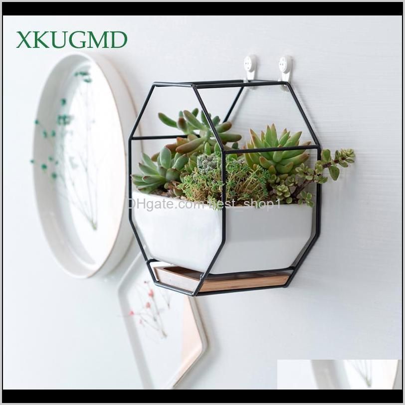 metal iron rack white ceramic planter pot simple octagonal geometric wall hanging ceramic flower pot bamboo tray iron frame t200104