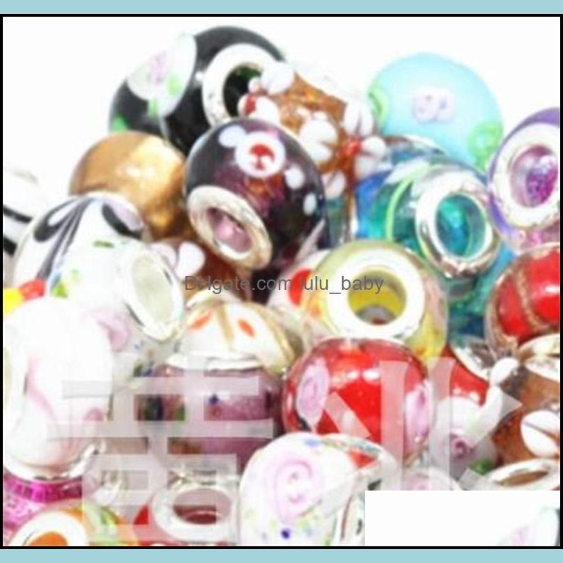 Silver Color Murano Glass Beads Fit European Charm Bracelet Spacer And Jewelry Making by 50pcs Mix 9 U2