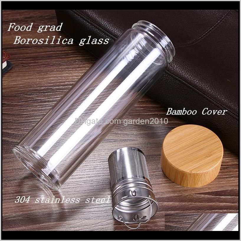 tea bottle glass bottled water bottle infuser with filter strainer borosilica double wall drink bamboo lid 450ml car drinkware 201109