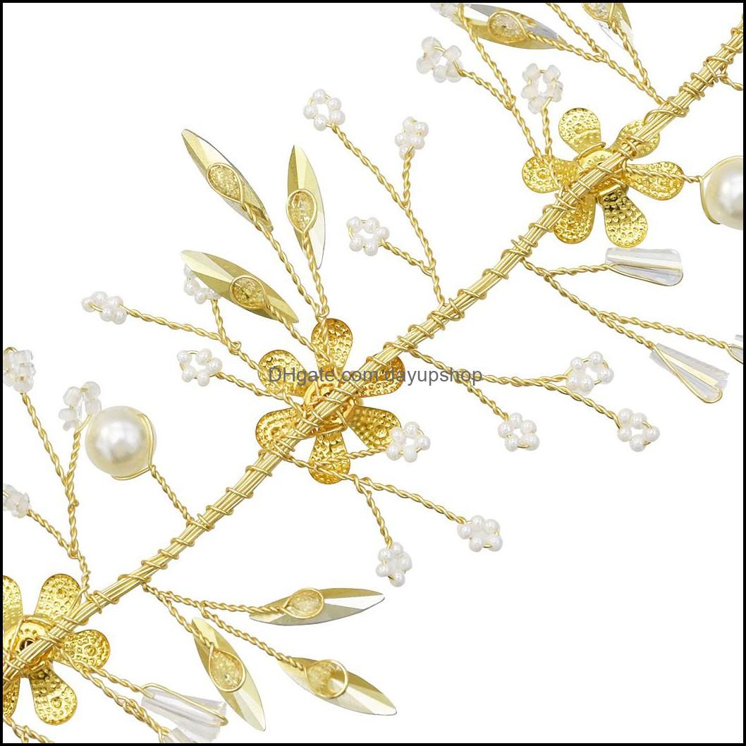 Gold Bridal Headband Rhinestone Floral Wedding Headpiece Hair Vine for Brides Birdal Hair Accessories