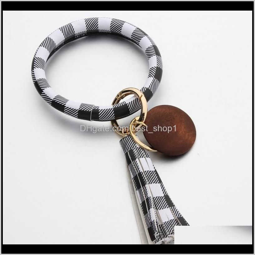 pu leather bracelet pu tassel keychain personalized customizable wood disc pendant bracelet keychain lattice leopard pattern dhb3842