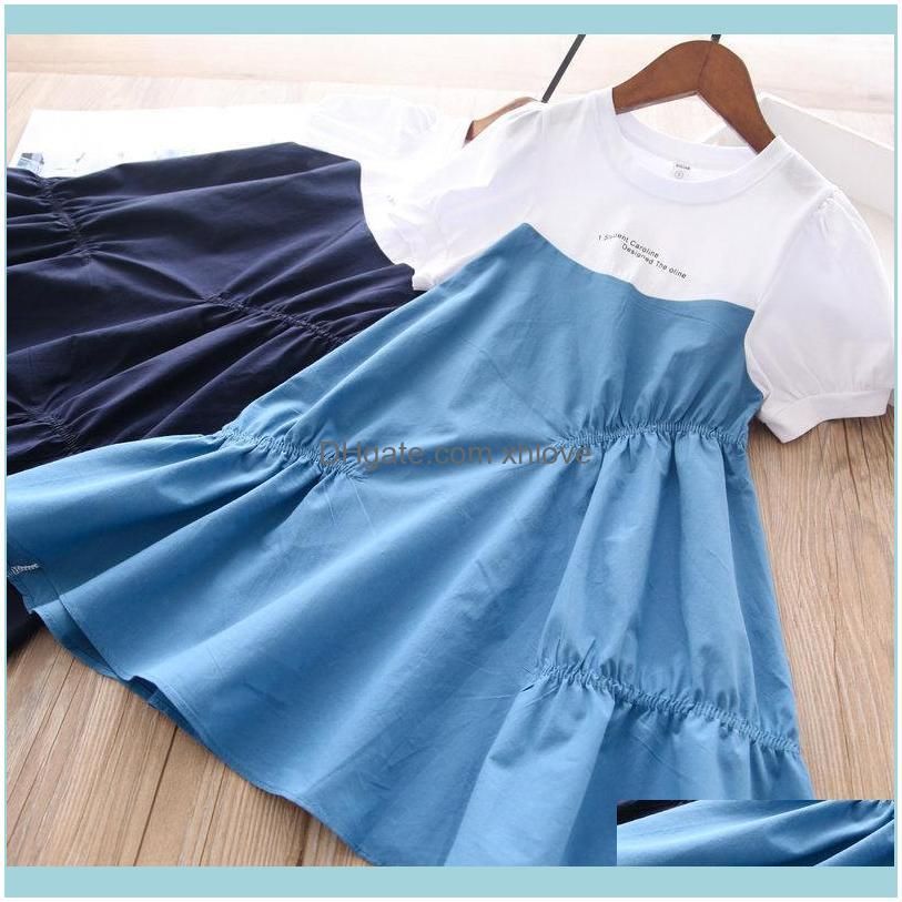 Summer Girls Letter Print Two Color Patchwork Dress Kids For Girl Wholesale Girl`s Dresses