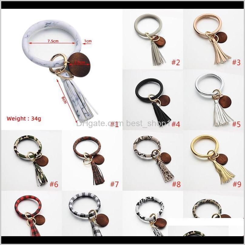 pu leather bracelet pu tassel keychain personalized customizable wood disc pendant bracelet keychain lattice leopard pattern dhb3842