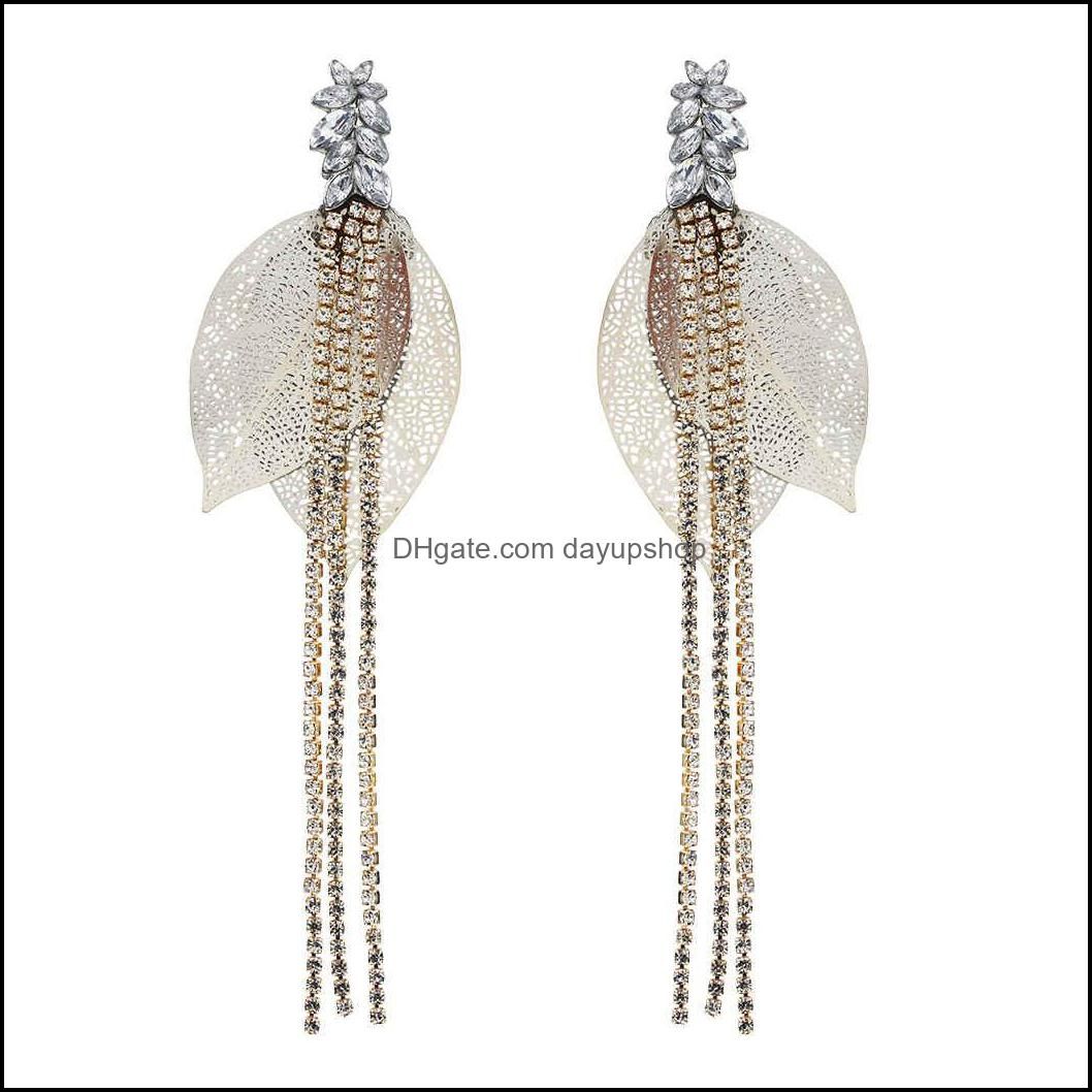 Fashion New Gold and Silver Hollow Leaf Long Tassel Earrings Rhinestone Earrings for Woman