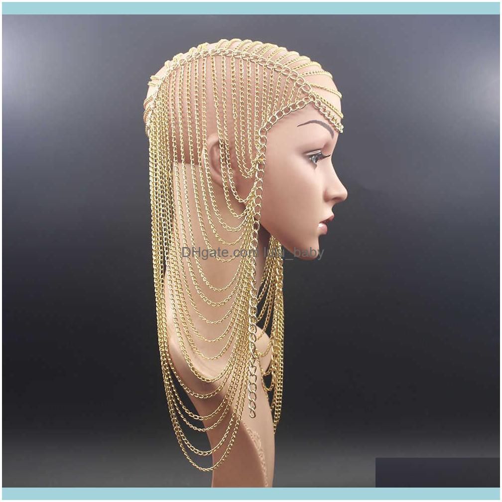 Luxury Gold Metal Long Tassel Punk Head Chain Jewelry for Women Party Wedding Hair Accessories Headpiece