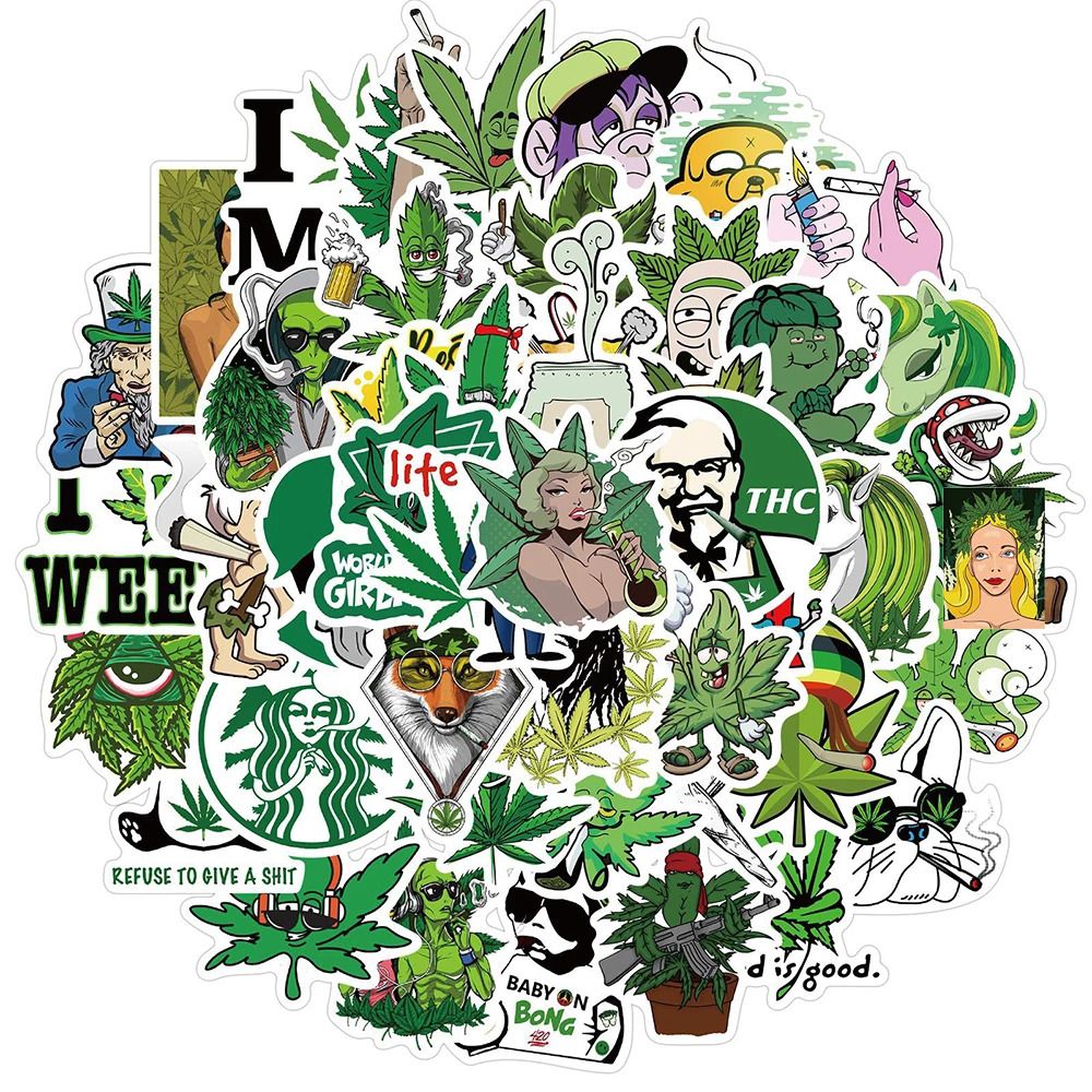 50pcs Smoking Weed Leaves Stickers for Skateboard Luggage Laptop Wall Graffiti 