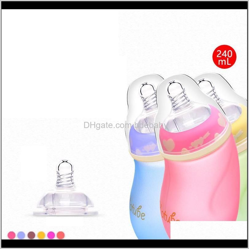 240ml baby cute feeding glass bottle safe silicone milk bottle with handle soft mouth newborn drink training feeding bottle