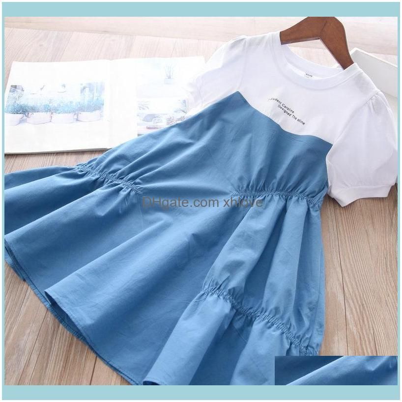 Summer Girls Letter Print Two Color Patchwork Dress Kids For Girl Wholesale Girl`s Dresses