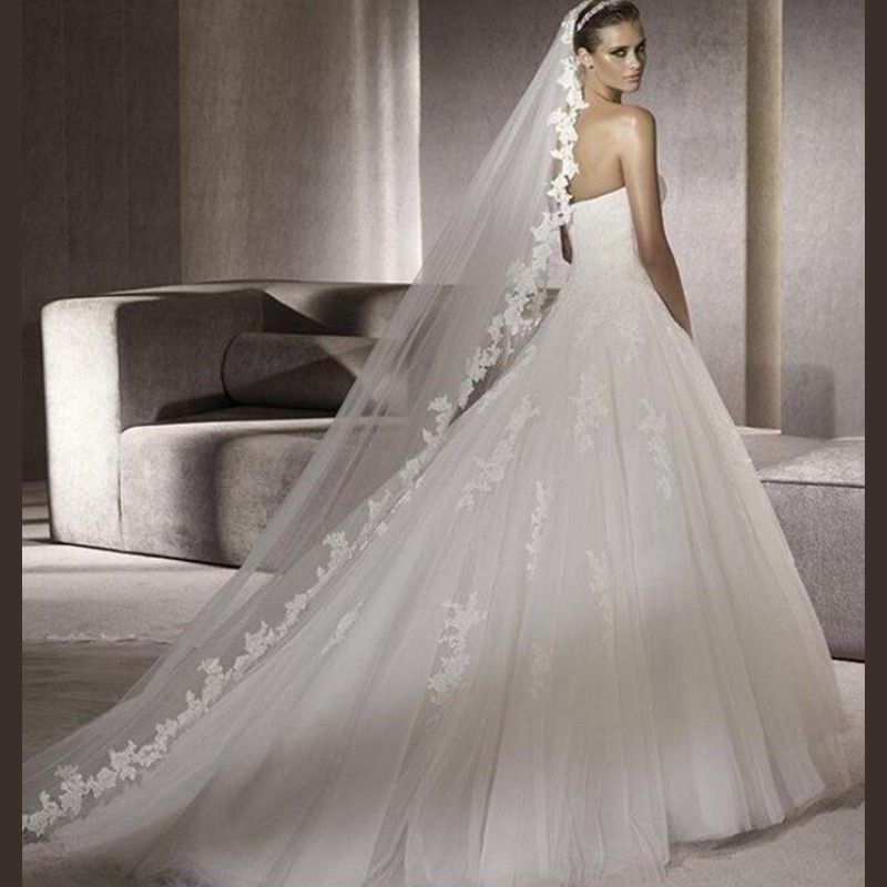 White/Ivory Wedding Veil 3m Long Comb Lace Mantilla Cathedral Bridal Veils 
