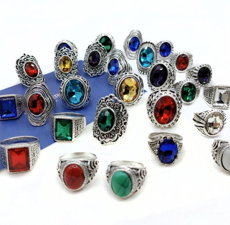 50pcs Mix Vintage Jewelry Antique Silver Stone Rings for Men Women Wholesale