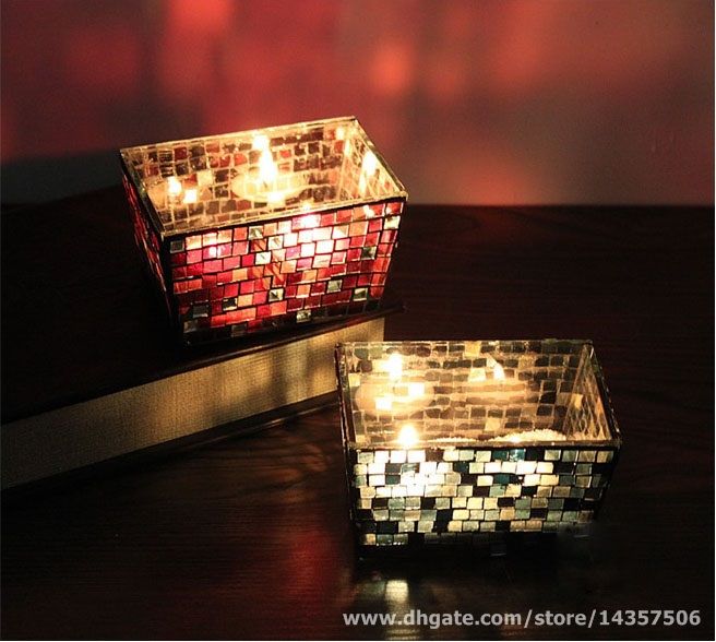 Glass Mosaic Votive Candle Holders Rectangle Red Blue Mosaic Tealight