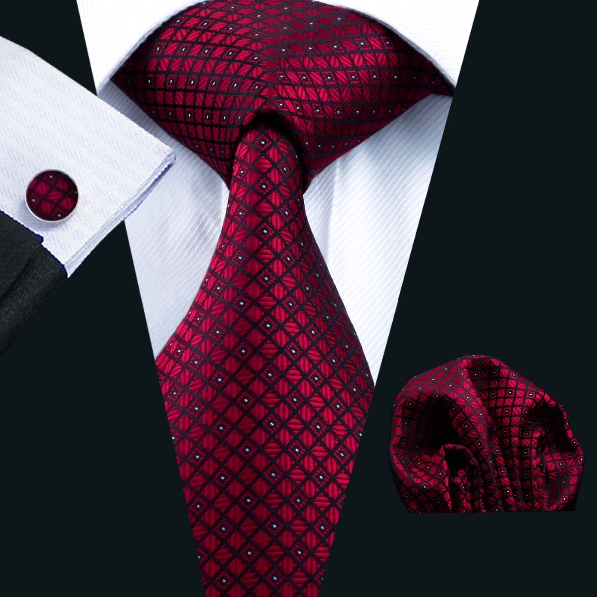 2019 Maroon Tie For Men Hankerchief Cufflinks Set Pattern Mens Jacquard