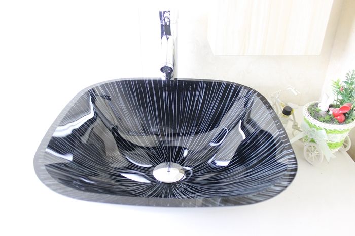 Black Square Tempered Glass Vessel Sink With Chrome Waterfull Faucet Set N 677