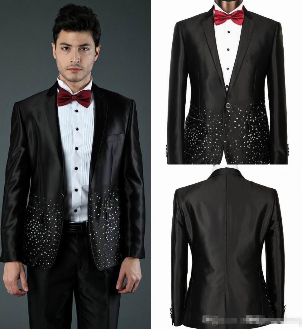 New Black Sequins Custom Made Groom Tuxedos Jacket+Vest+Pant+Tie Mens Clothing Designer Suits