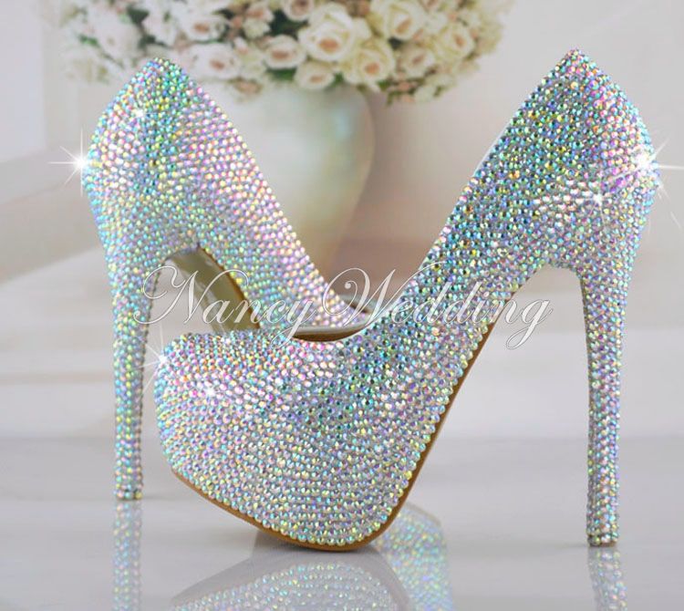 Size 34 43 Wedding Bridal Shoes AB Crystal Bling Bling Cinderella Shoes Amazing Bridal High 