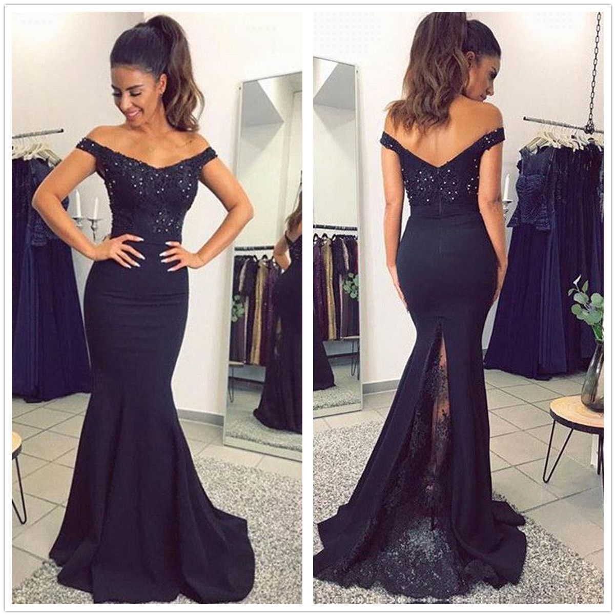 navy lace formal dress