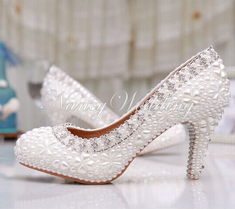 Luxury Pure White Pearl Wedding Shoes 3 Inches Comfortable Round Toe ...