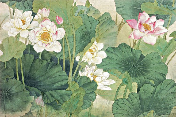 Elegant Lotus Painting Photo Wallpaper 3D FLowers Wallpaper Chinese