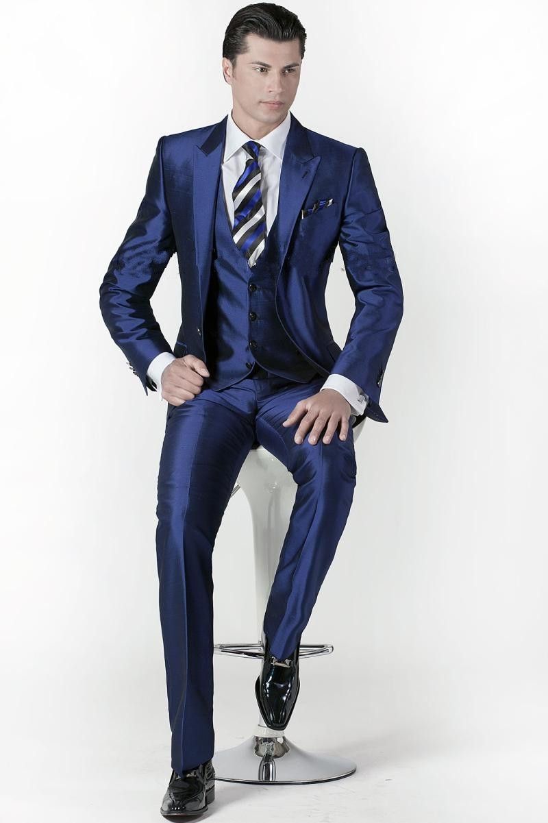 Custom Made Groom Tuxedos Peak Lapel Mens Suit Shiny Navy Blue