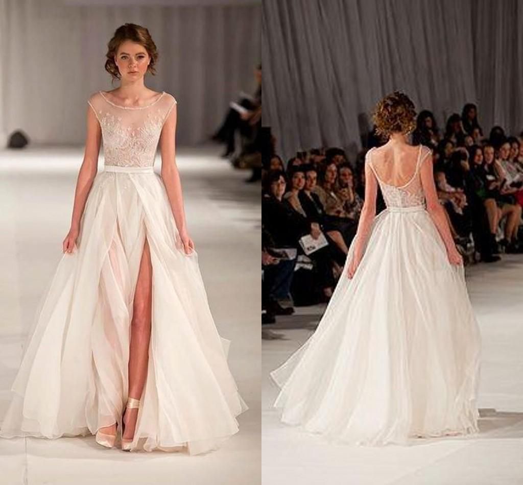 2015 Wedding Dresses With Slit Beach Wedding Gowns Cap Sleeves Prom