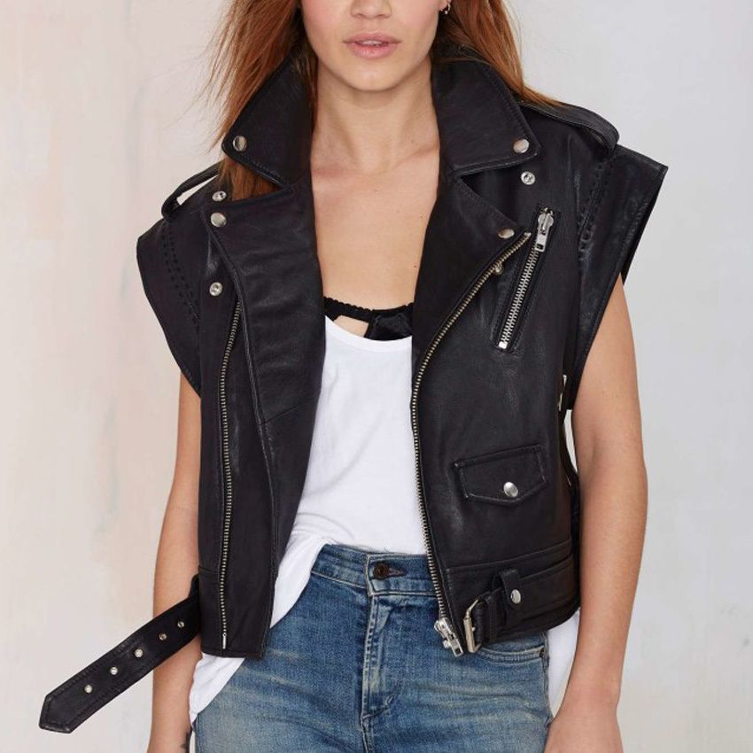 Black Faux Leather Jacket Vest Notched Collar Sleeveless Short Biker Black Faux Leather Jacket Vest Notched Collar Sleeveless Short Biker Punk Fashion Women Adjustable Waist Coat Outwear Top Casual Lightweight