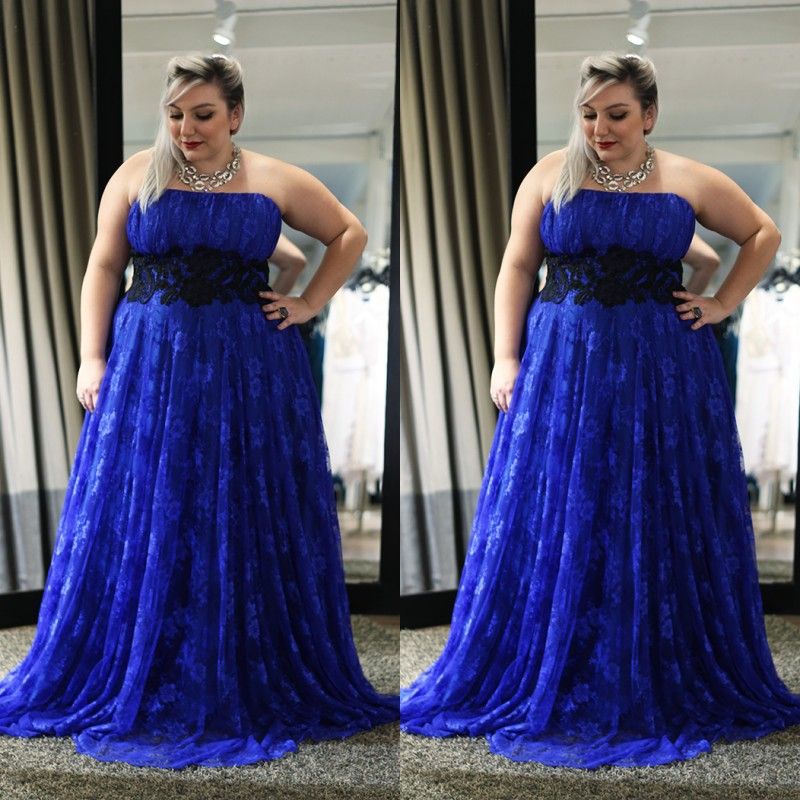 Royal Blue Plus Size Prom Dress 2014 Strapless A Line Sweep Train ...